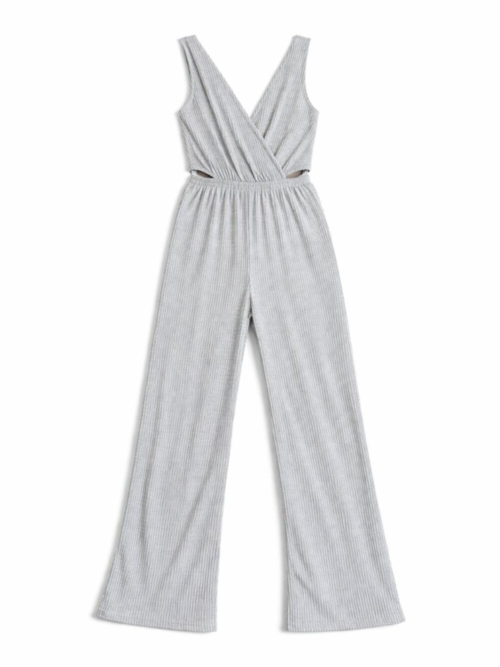 Ribbed V-Neck Sleeveless Jumpsuit in Light Gray With Side Cutouts, Size Medium